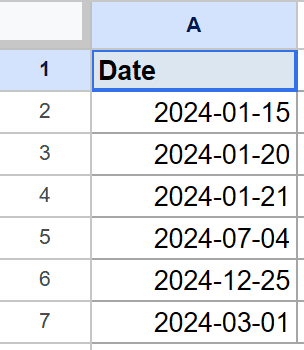 Google Sheets: Column A titled "Date" with six sample dates listed below.
