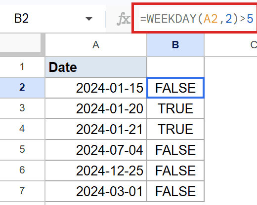 Google Sheets: `WEEKDAY(A2, 2)>5` in B2 flags dates as weekends.