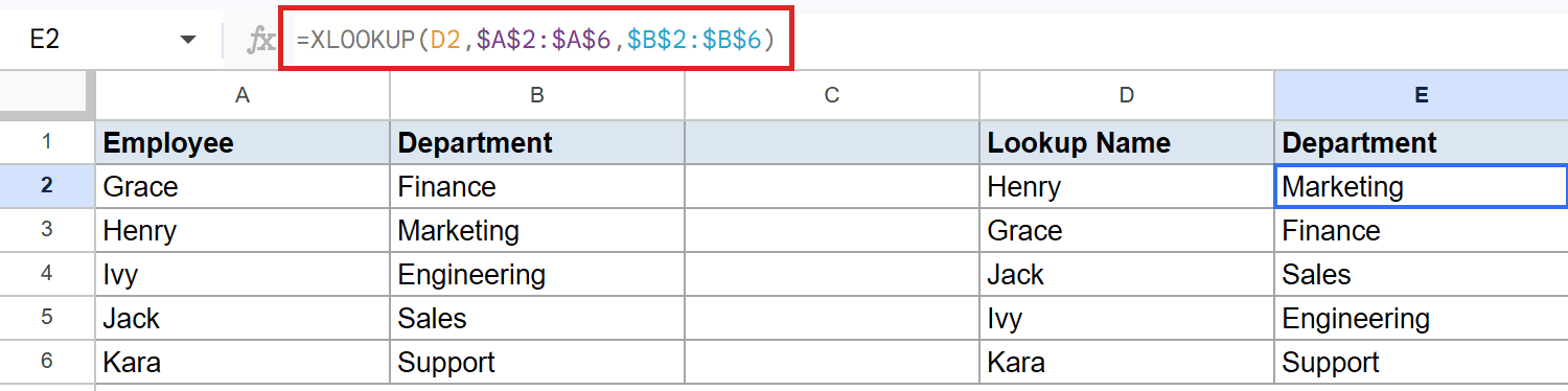Google Sheets displaying an XLOOKUP formula in E2's formula bar, returning department data.