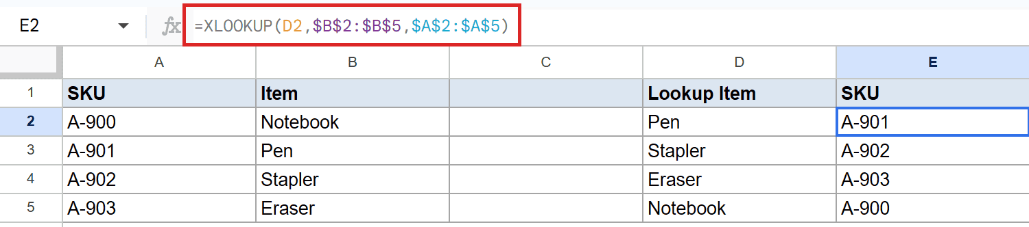 Google Sheets showing XLOOKUP formula in E2: `=XLOOKUP(D2, $B$2:$B$5, $A$2:$A$5)`.