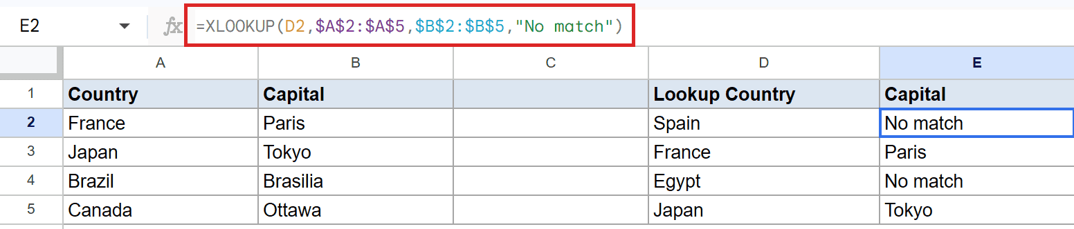 XLOOKUP in Sheets E2 returns 'No match' for D2, using a custom missing value message.