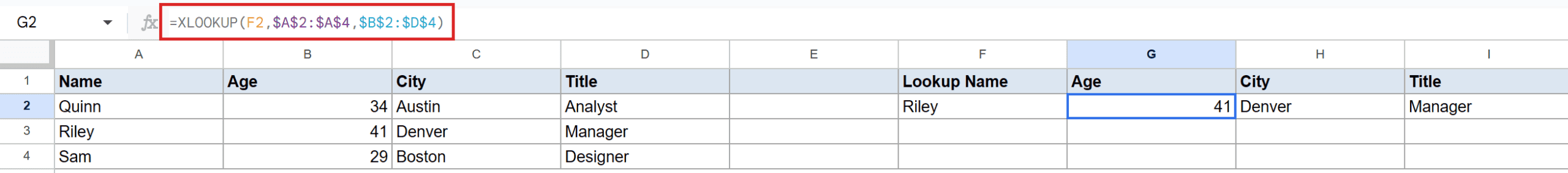 Google Sheets: XLOOKUP formula in G2 returns spilled row '41 Denver Manager'.