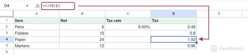 Copied formulas change the row-specific amount but keep the tax rate fixed at C2.