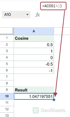 ACOS example in Google Sheets, showing 1.047197551 in the selected output.