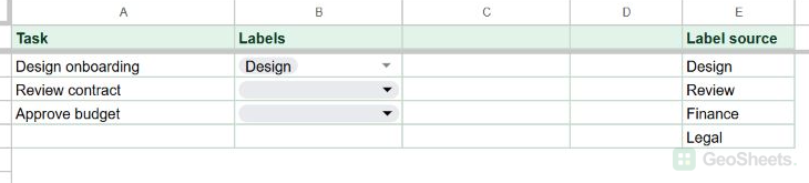Task list with empty C2:C4 dropdown destination and Design, Review, Finance, and Legal in E2:E5