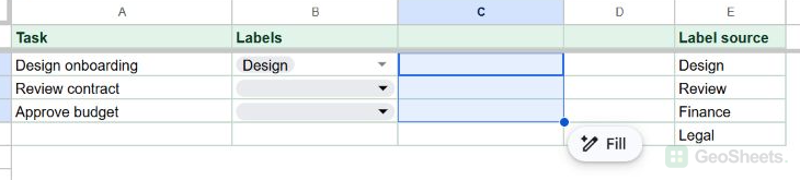 C2:C4 selected beside the task names and source choices in E2:E5
