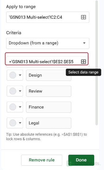 Dropdown from a range criteria pointing to E2:E5