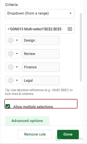 Source-range dropdown rule with Chip display and Allow multiple selections enabled
