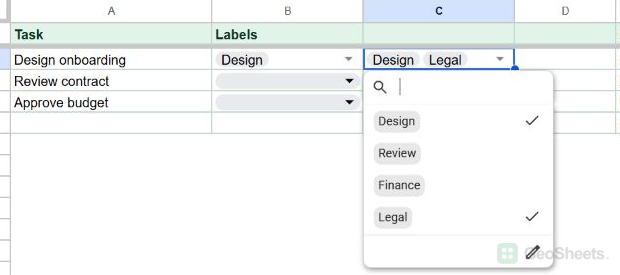 C2 showing Design and Legal selected from the range-sourced dropdown
