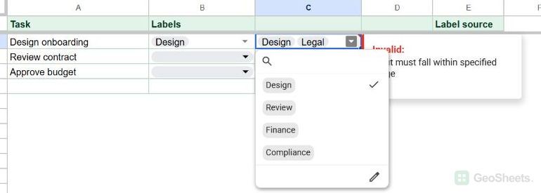 Range-sourced dropdown after Legal was replaced by Compliance, with the old Legal selection marked invalid