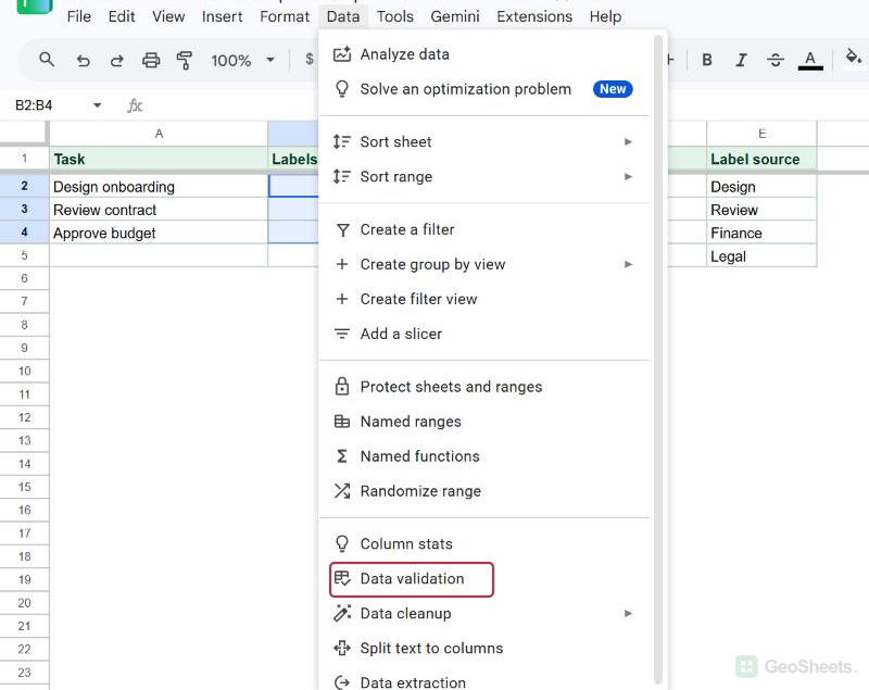 Data menu open with the Data validation command highlighted