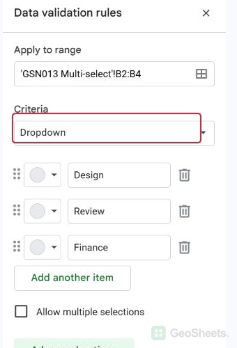 Dropdown criteria showing Design, Review, and Finance as the three choices