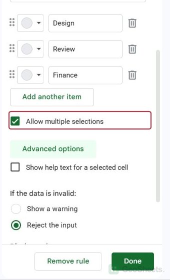Google Sheets data validation rule with Chip display and Allow multiple selections enabled