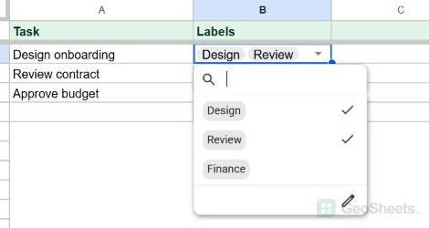 B2 contains Design and Review chips and its open dropdown shows both choices selected