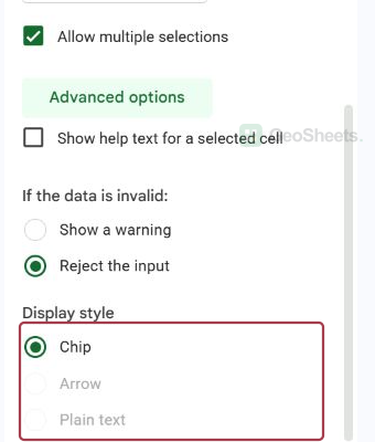 Display style control in the dropdown rule showing Chip as the style required for multiple selections