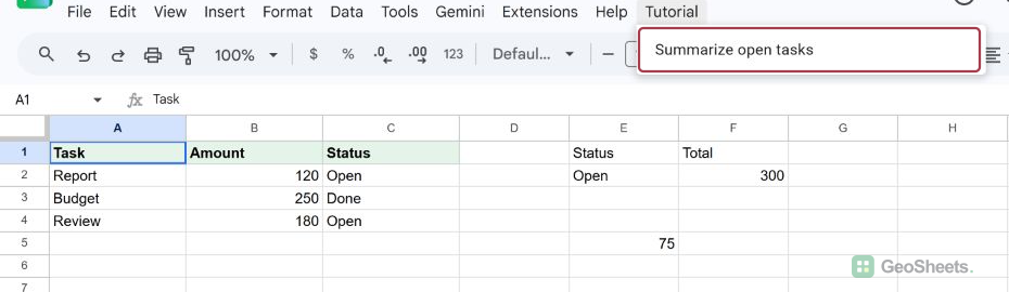 A custom Tutorial menu runs the task-summary function