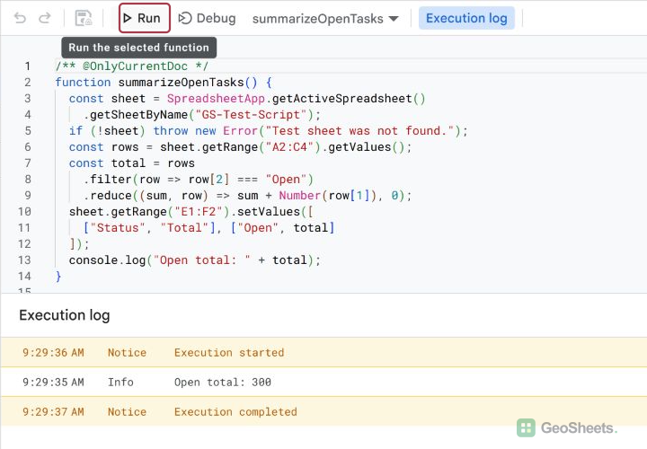 Apps Script runs summarizeOpenTasks and logs an open-task total of 300