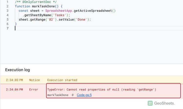Execution log reports a null getRange error on line 5 for the misspelled Tasks tab.