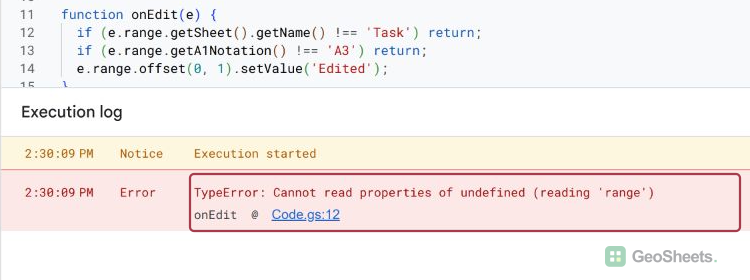 Manual onEdit execution fails because no edit event supplies e.range.