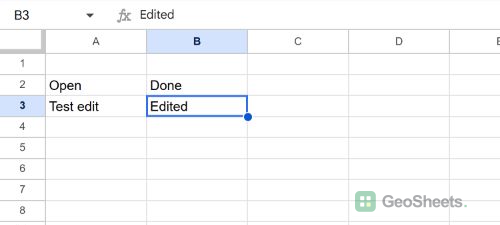 Task tab shows Done in B2 and Edited in B3 after the two successful tests.