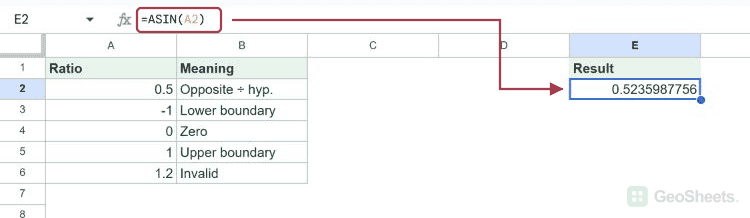 ASIN formula and its calculated result beside the bordered example data.