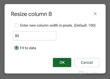 Resize column B dialog with Fit to data selected.