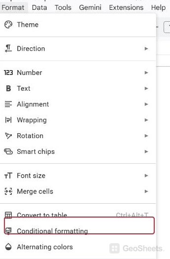 Format menu with Conditional formatting correctly outlined for the strikethrough rule.