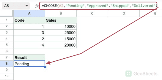 Turn status codes into labels in Google Sheets, with the formula and its result visible.