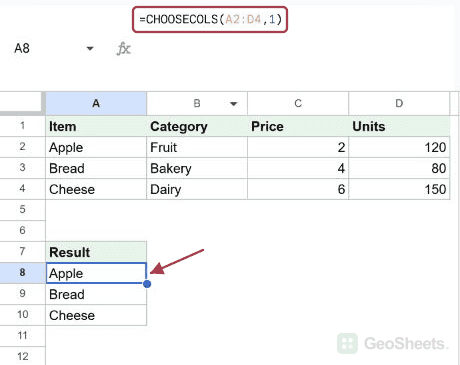 Extract one column in Google Sheets, with the formula and its result visible.