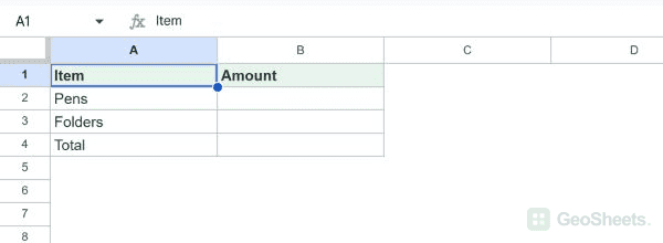 B2:B4 are empty while the table borders and labels remain.