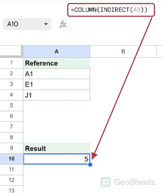 COLUMN example in Google Sheets, showing 5 in the selected output.