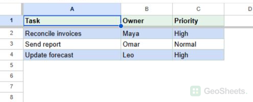Google Sheets task rows on Sheet1 with rows 2 and 4 highlighted from TRUE values on Sheet2.
