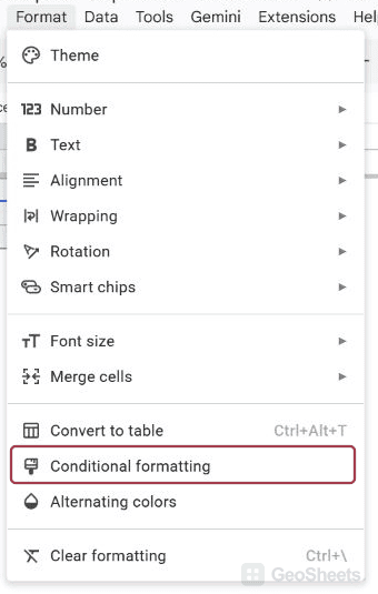 Google Sheets format menu for cross-sheet conditional formatting.