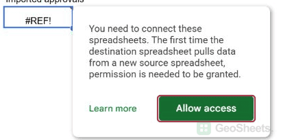 Google Sheets asks to connect the source and destination spreadsheets, with Allow access visible.