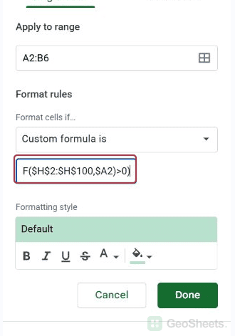 End of the imported-approvals COUNTIF formula in the native conditional-formatting field.