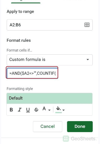 Start of the imported-approvals COUNTIF formula in the native conditional-formatting field.
