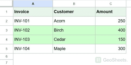 Google Sheets invoices result for cross-sheet conditional formatting.