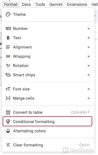 Google Sheets sales menu for cross-sheet conditional formatting.