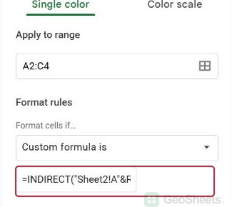 Google Sheets conditional-formatting sidebar showing an INDIRECT formula for Sheet2 values.