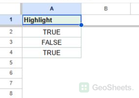 Google Sheets Sheet2 tab values showing TRUE, FALSE, and TRUE in column A.