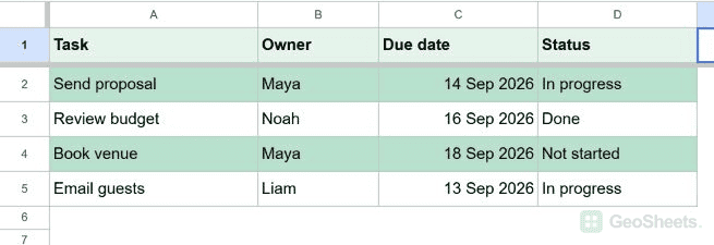 Completed and conditional formatting result.