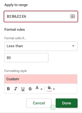 Copied rule applies to B2:B6 and E2:E6.