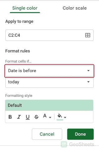 Google Sheets date rule settings.