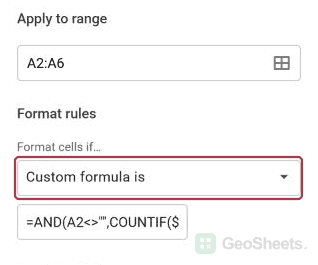 Choose Custom formula is in the conditional-formatting sidebar.