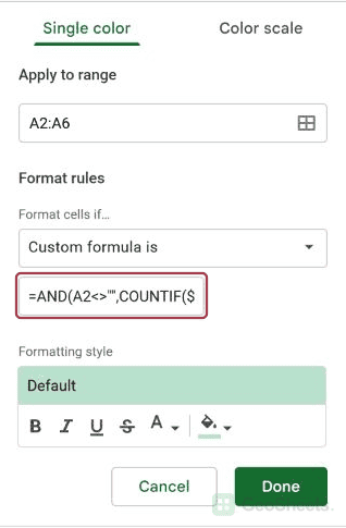 Google Sheets duplicate rule settings.