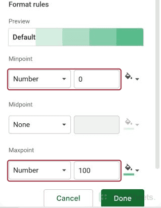 Fixed color scale endpoints Number 0 and Number 100.