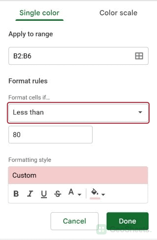 Less than selected in Format cells if.