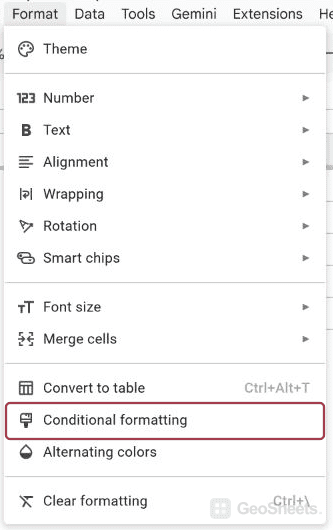 Format menu with Conditional formatting highlighted.