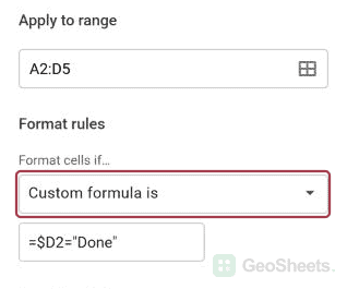 Choose Custom formula is in the conditional-formatting sidebar.