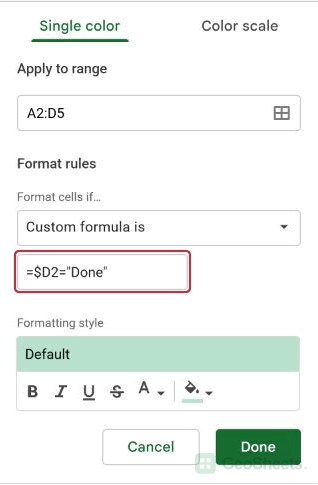 Google Sheets row rule settings.